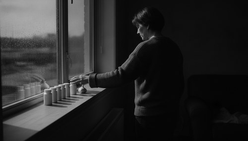 Black and white photograph of a person seen from behind at a window, sliding a row of plain unmarked supplement bottles and a garlic bulb away along the sill. Illustrative image, not a patient. Commentary by Frank Agullo, MD, FACS.