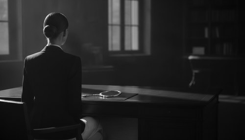 Black and white photograph of a slim woman in a tailored blazer seen from behind in a dark consultation room, a hand mirror face down on the desk in front of her, hard side light, face not visible. Illustrative image, not a patient. Commentary by Frank Agullo, MD, FACS.