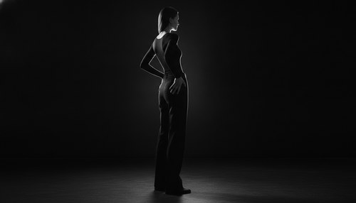 Black and white photograph of a woman in a fitted black bodysuit and trousers seen from behind in a dark studio, rim light tracing the line of her waist and back. Illustrative image, not a patient. Commentary by Frank Agullo, MD, FACS.