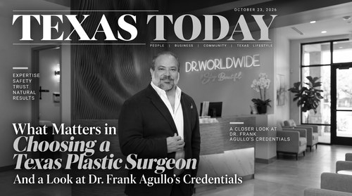 Black and white version of the Texas Today cover, October 23, 2026, landscape edition: Dr. Frank Agullo in the Southwest Plastic Surgery lobby in front of the Dr. WorldWide neon sign, cover line What Matters in Choosing a Texas Plastic Surgeon and a Look at Dr. Frank Agullo's Credentials. Photo by Jorge Campos. Commentary by Frank Agullo, MD, FACS.
