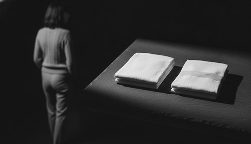 Black and white photograph of two identical folded garments on a dark surface under hard side light, one marked with a single line of surgical tape, a figure in a sweater seen from behind at the edge of the frame, nothing anatomical, face not visible. Illustrative image, not a patient. Commentary by Frank Agullo, MD, FACS.